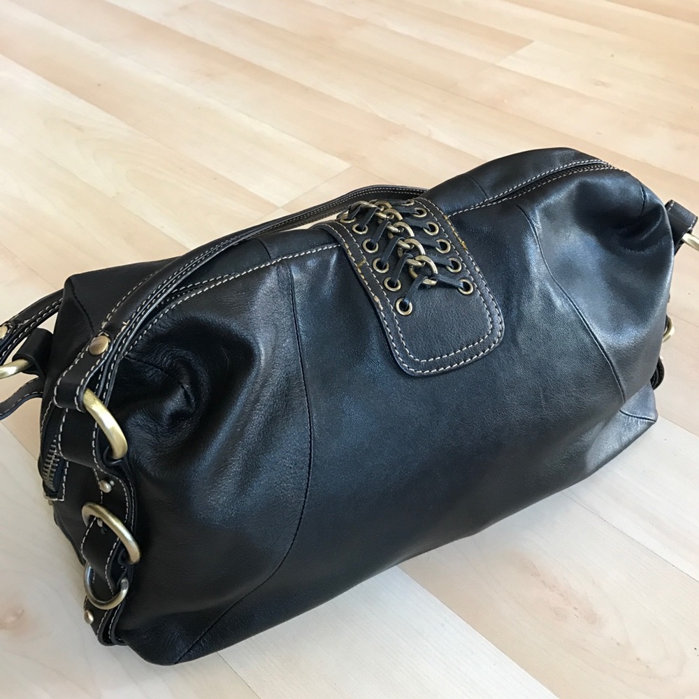 Via Spiga Black Leather Shoulder Satchel with Brass Ring Accents 
9 1/2 by 14” - Picture 3 of 6